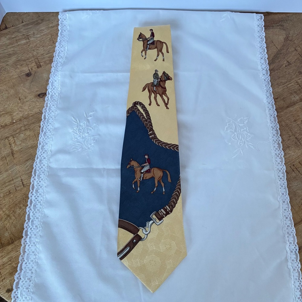 Ferrell Reed House of Walsh Silk Tie Gold Navy Equestrian Horse Jockey USA NWT